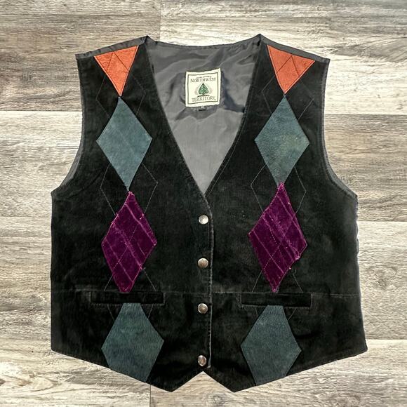 Vintage 90s Northwest Territory Black Argyle Mens M Suede Leather Vest Western - Picture 1 of 9